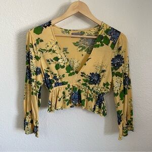 Urban Outfitters Yellow Floral Long Sleeve Cinched Waist Crop Top Peplum V-Neck